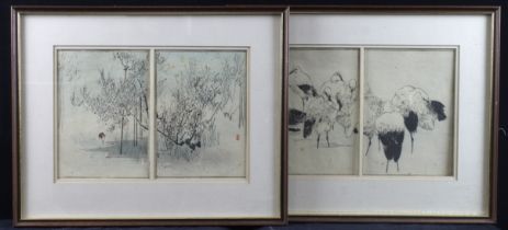 Japanese interest. Two Japanese woodblock prints, one depicting a group of seven cranes, both with