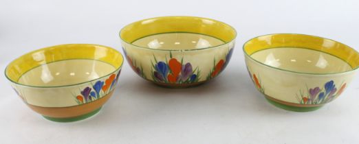 Clarice Cliff. Three Clarice Cliff Bizarre 'Crocus' pattern bowls, each with makers marks to base,