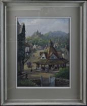 George Ayling (1887-1960). Watercolour, depicting a village scene, with a church on the hillside,