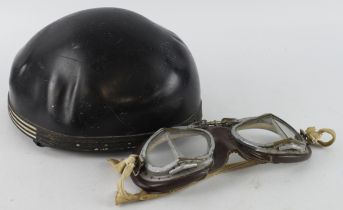 1950's Pudding-basin motor cycle helmet and goggles (label inside of helmet reads Casque Moto)