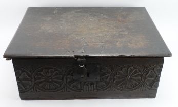 Large carved oak Bible box, circa 17th Century, height, width, depth