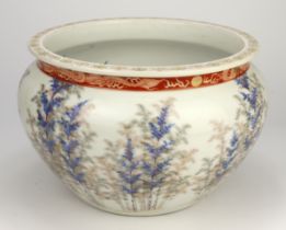 Large Oriental Jardiniere. Painted with blue and gold foliage with an iron-red dragon to base of rim