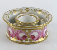 Coalport (probably) hand painted inkwell c1830-1850, marked "Swansea" on base in gold lettering (one