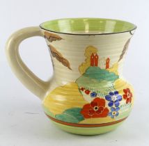 Clarice Cliff Bizarre 635 'Alton' pattern jug, makers marks to base, height 17cm approx.