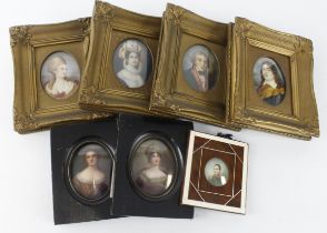 Portrait Minatures. A group of seven framed portrait miniatures, mostly unsigned, depicting ladies &