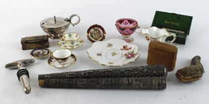 Miscellanea. A group of various items, including miniature cups and saucers (Crown Derby &