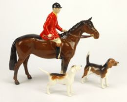 Beswick Huntsman on a horse (no. 1501), with two hounds, huntsman figure height 20cm approx.