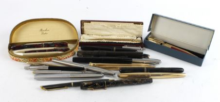 Pens. A collection of twenty-one fountain pens, ballpoint pens, pencils, etc., makers include