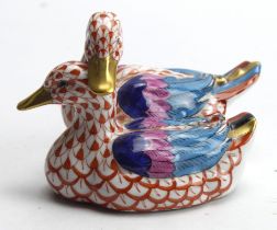 Herend hand painted porcelain figure, depicting two ducks, height 70mm