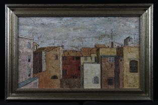 Janet Venn-Brown (Australian 1922-2021). Oil on canvas depicting urban buildings. Image measures