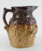 Large heavy rustic design, Doulton Lambeth Hunting jug with two Hunting scenes (has a restored