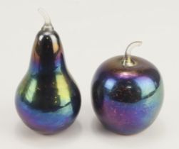 John Ditchfield Glasform pear and apple paperweights, both with makers label to base, tallest 80mm