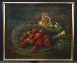 G. Crisp (19th Century). Oil on canvas, depicting a still life of fruit, with jug in the background,