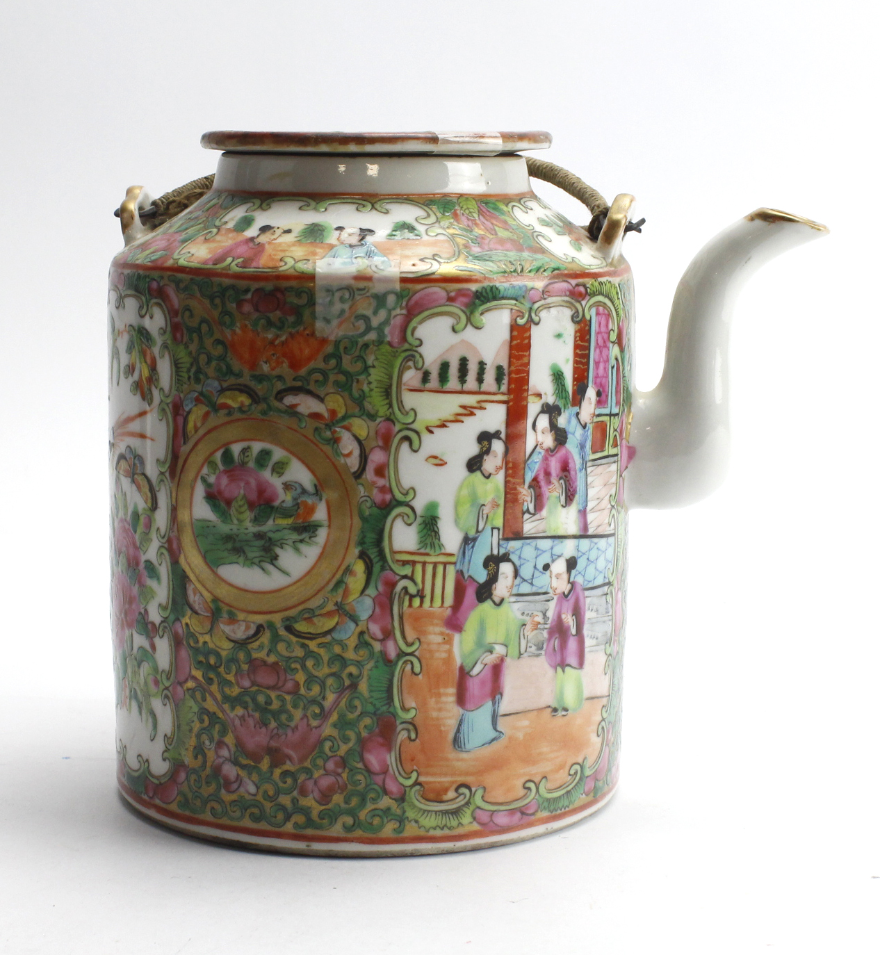 Chinese Famille Rose teapot, circa 19th Century, with figural and floral decoration, height 16.5cm
