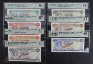 Bahamas (7), SPECIMEN set dated 1968, 100 Dollars PMG 66 EPQ, 50 Dollars PMG 67 EPQ, 20 Dollars