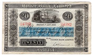 Northern Ireland, Ulster Bank Limited 20 Pounds dated 1st January 1944, handsigned C.R.S. Larmour,