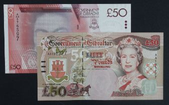 Gibraltar 50 Pounds (2) dated 1st January 2010, serial A/AA 576597 (TBB B133a, Pick38), 50 Pounds