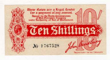 Bradbury 10 Shillings (T9) issued 1914, Royal Cypher watermark, serial A/2 767528 (T9, Pick346) VF