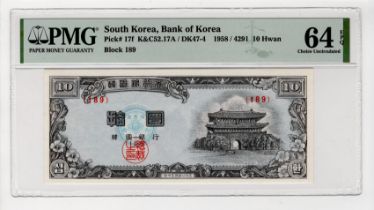 Korea South 10 Hwan issued 1958 (4291), Block189 (TBB B214f, Pick17f) in PMG holder graded 64 EPQ