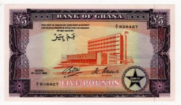 Ghana 5 Pounds dated 1st July 1962, serial A/1 858427 (TBB B103d, Pick3d) small dents in paper,