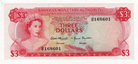 Bahamas 3 Dollars dated 1968, Queen Elizabeth II portrait at left, serial B168601 (TBB B203a,