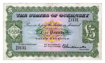 Guernsey 5 Pounds dated 1st December 1956, signed Guillemette, serial 2/L 3131 (TBB B149a,