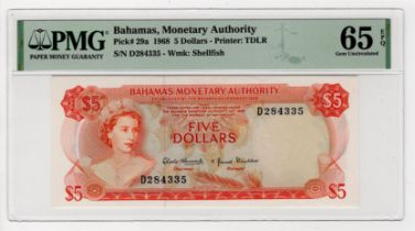 Bahamas 5 Dollars dated 1968, Queen Elizabeth II portrait at left, serial D284335 (TBB B204a,