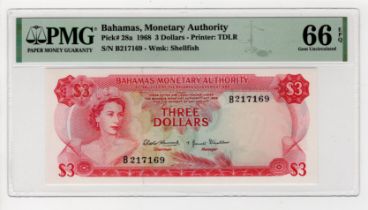 Bahamas 3 Dollars dated 1968, Queen Elizabeth II portrait at left, serial B217169 (TBB B203a,