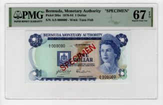 Bermuda SPECIMEN 1 Dollar dated 1st September 1979, diagonal overprint 'SPECIMEN' in red on both