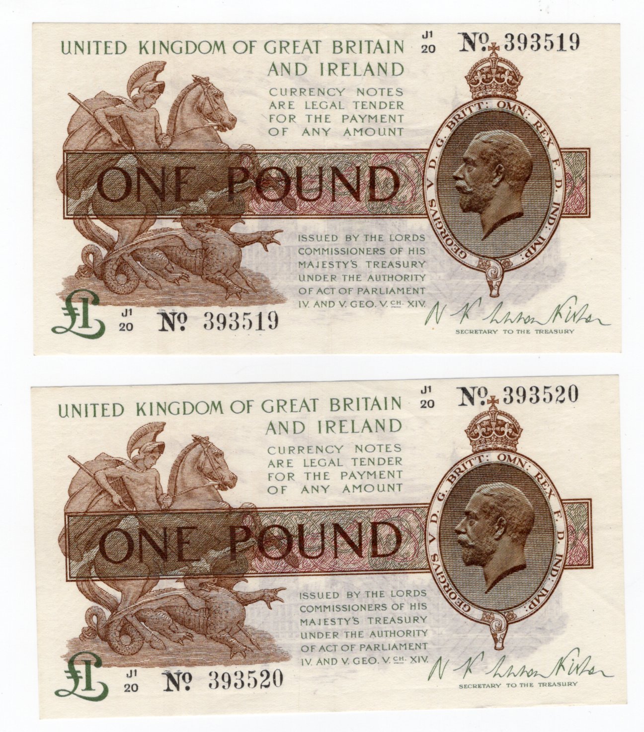 Warren Fisher 1 Pound (2) issued 1923, a consecutively numbered pair, serial J1/20 393519 & J1/20