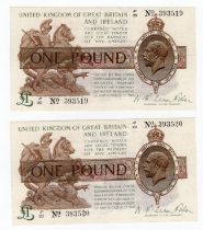 Warren Fisher 1 Pound (2) issued 1923, a consecutively numbered pair, serial J1/20 393519 & J1/20