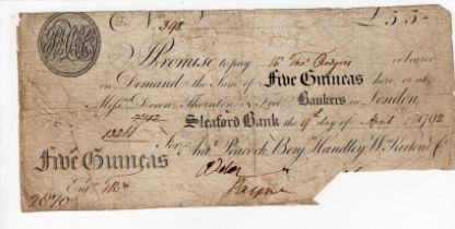 Sleaford Bank 5 Guineas dated 9th April 1792, serial no. 398 for Anthony Peacock, Benj. Handley &