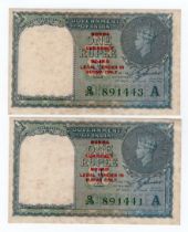 Burma 1 Rupee (2) issued 1947, overprint 'Burma Currency Board legal tender in Burma only' on