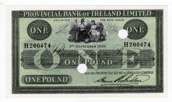 Ireland, Provincial Bank of Ireland 1 Pound dated 1st September 1926, serial H200474, 2 punched