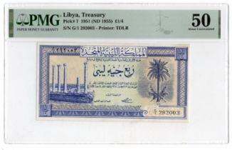 Libya 1/4 Libyan Pound dated Law 24th October 1951 issued 1955, serial G/1 292003 (TBB B203a, Pick7)
