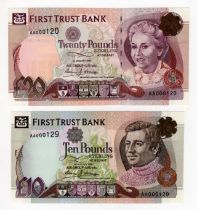 Northern Ireland, First Trust Bank (2), a pair of first prefix LOW serial numbers, 20 Pounds dated