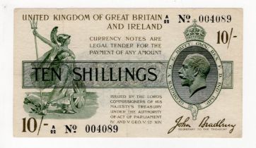 Bradbury 10 Shillings (T18) issued 1918, serial A/22 004089, No. with dash (T18, Pick350a) pressed