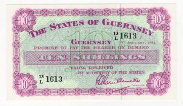 Guernsey 10 Shillings dated 1st January 1961, a rarer early date, signed Guillemette, serial 13/L