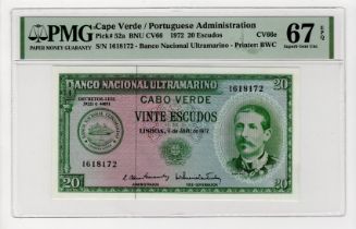 Cape Verde 20 Escudos dated 4th April 1972, serial no. 1618172 (Pick52a) in PMG holder graded 67 EPQ