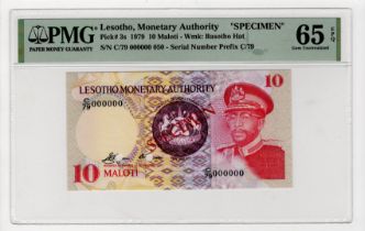 Lesotho Monetary Authority 10 Maloti issued 1979, SPECIMEN note serial C/79 000000, holes punched