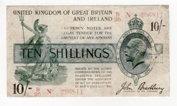 Bradbury 10 Shillings (T19) issued 1918 serial B/25 296811, scarce issue RED No. with Dot (T19,