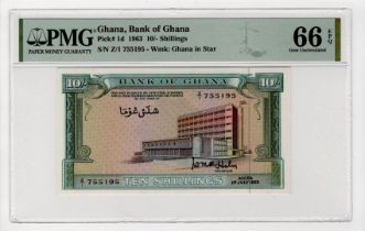 Ghana 10 Shillings dated 1st July 1963, serial Z/1 755195 (TBB B101d, Pick1d) in PMG holder graded