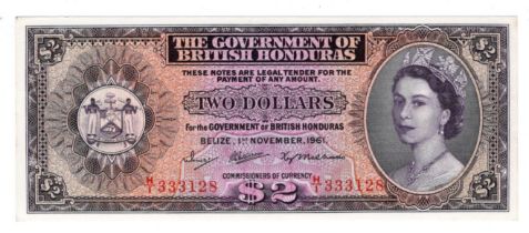 British Honduras 2 Dollars dated 1st November 1961, serial H/1 333128 (TBB B128a, Pick29b) very