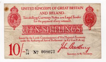 Bradbury 10 Shillings (T13.2) issued 1915, serial V1/14 008073 (T13.2, Pick348a) pinholes, small