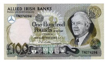 Northern Ireland, Allied Irish Banks Limited 100 Pounds dated 1st December 1988, serial TN 274294 (