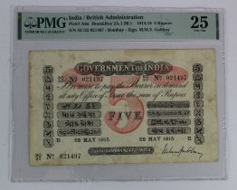India 5 Rupees dated 25th May 1915, Bombay issue, signed M.M.S. Gubbay, serial SC/32 021497 (TBB