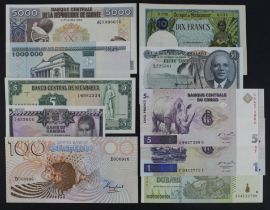 World (10), Guinea 5000 Francs dated 1985, Madagascar 10 Francs issued 1937, Malawi 50 Tambala dated