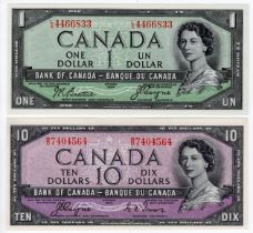 Canada (2), 10 Dollars dated 1954, 'Devil's Face Hairdo', signed Coyne & Towers, serial B/D