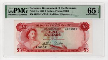 Bahamas 3 Dollars dated 1965, Queen Elizabeth II portrait at left, serial A069341 (TBB B118a,