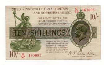 Warren Fisher 10 Shillings (T33) issued 1927, serial U/52 163095, Great Britain & Northern Ireland